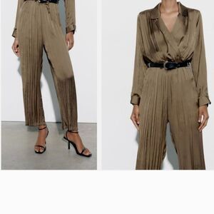 Zara Olive Green Pleated Jumpsuit